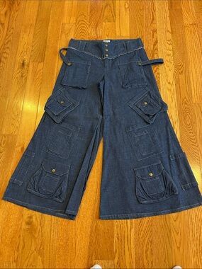 Cordelia Wide-Leg Cargo Denim Jeans in Dark Blue